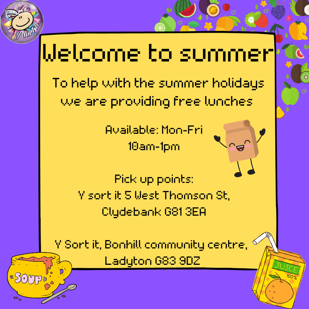 First Day of our summer programme is here! So excited!!! 🌞 A wee message to say that Ashley will be up in the Clydebank hub room today if anyone wants to come and pick up a lunch. 🤩