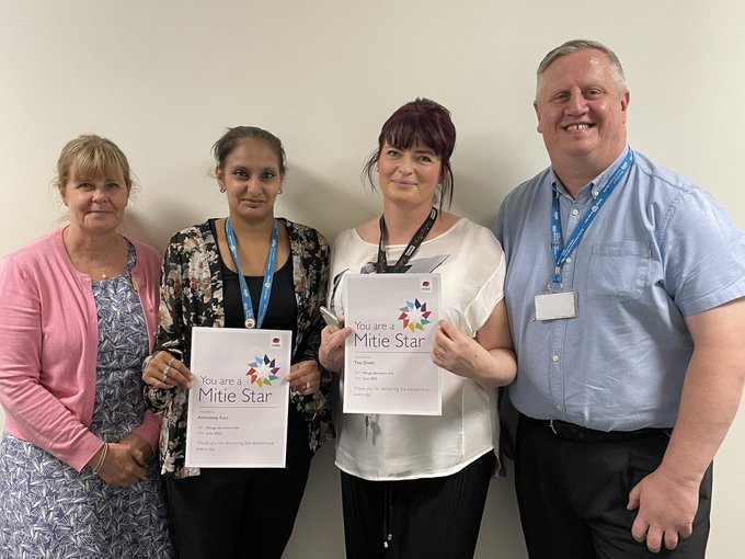 Tina Green and Amandeep Kaur two #exceptionaleveryday members of the KGH team at <a href="/BHRUT_NHS/">BHRUT NHS 🏥</a> receiving their Mitie Stars for their outstanding work from <a href="/SarahDunton4/">Sarah Dunton</a> . They truly portray Mitie Values everyday . #OneTeam #mitiestars
