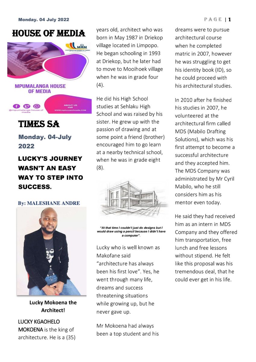 KamigrloE's tweet photo. @mpumalanga_of 
Lucky's journey wasn't an easy way to step into success, page 1 of 3 know  about  him a lot more if you want  your own interview with  professional  journalists contact us to cover your story, https://t.co/gAgeIWMHcJ