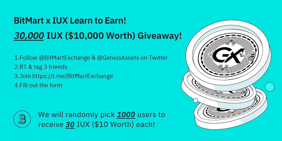 🚀To celebrate <a href="/GeniusAssets/">Genius | X-GeniePool</a> listing, join to win 30,000 $IUX (Approx.$10,000)
 
1⃣Follow <a href="/BitMartExchange/">BitMart</a> &amp; <a href="/GeniusAssets/">Genius | X-GeniePool</a>
2⃣RT and tag 3frds
3⃣Join t.me/BitMartExchange
4⃣Fill forms.gle/cg5kLZzQkBBjDB…
 
💎1000 lucky winners receive 30 IUX each!
⏰By 11:59 PM EDT July 8
