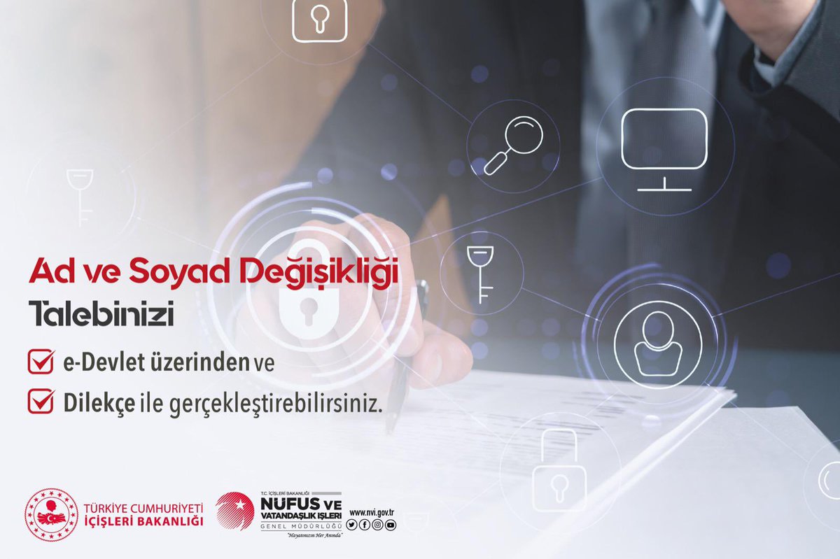 Mevzuat kapsamında ad, soyad değişiklikleri için e-devlet kapısından veya nüfus müdürlüklerimize bizzat başvurabilirsiniz.. Yeni haftaya Bismillah <a href="/TCNufus/">Nüfus ve Vatandaşlık İşleri Genel Müdürlüğü</a> #HayatınızınHerAnında