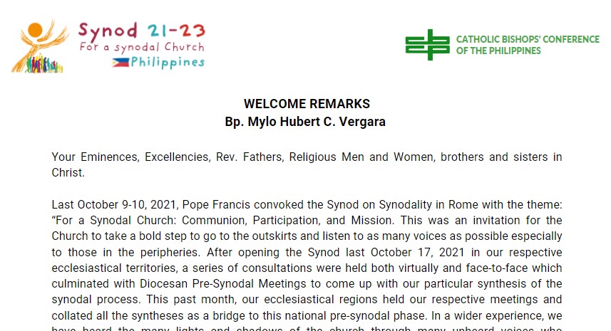 SynodPH's tweet photo. Here's the opening remarks of Bishop Mylo Hubert Vergara of Pasig, CBCP Vice President, for the National Synodal Consultation at the Carmelite Missionaries Center of Spirituality in Tagaytay City on July 4, 2022.

Full text:  https://t.co/zogFbnQj5f https://t.co/7hfus1lEHN