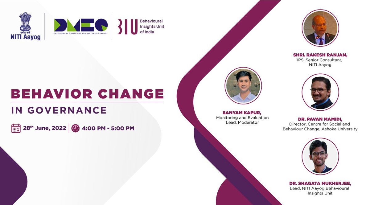 <a href="/_DMEO/">Development Monitoring and Evaluation Office</a> &amp; Behavioural Insights Unit, <a href="/NITIAayog/">NITI Aayog</a>  analyzed the evaluation findings of 121 CS/ CSS with a behavior change lens and published the Behavior Change thematic report.

A webinar was held to disseminate the findings of the report  and saw over 600 participants.