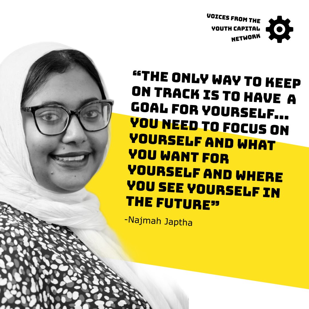 YouthCapitalSA's tweet photo. [MONDAY MOTIVATION] How can young people stay on track 🤔? Najmah Japtha, a @TeachersCANza fellow, believes the first step is setting a goal for yourself and deciding what you want for your future 🎯.

#MondayMotivation #YouthAdvocacy #ShiftGears https://t.co/35gm0PGD5Z