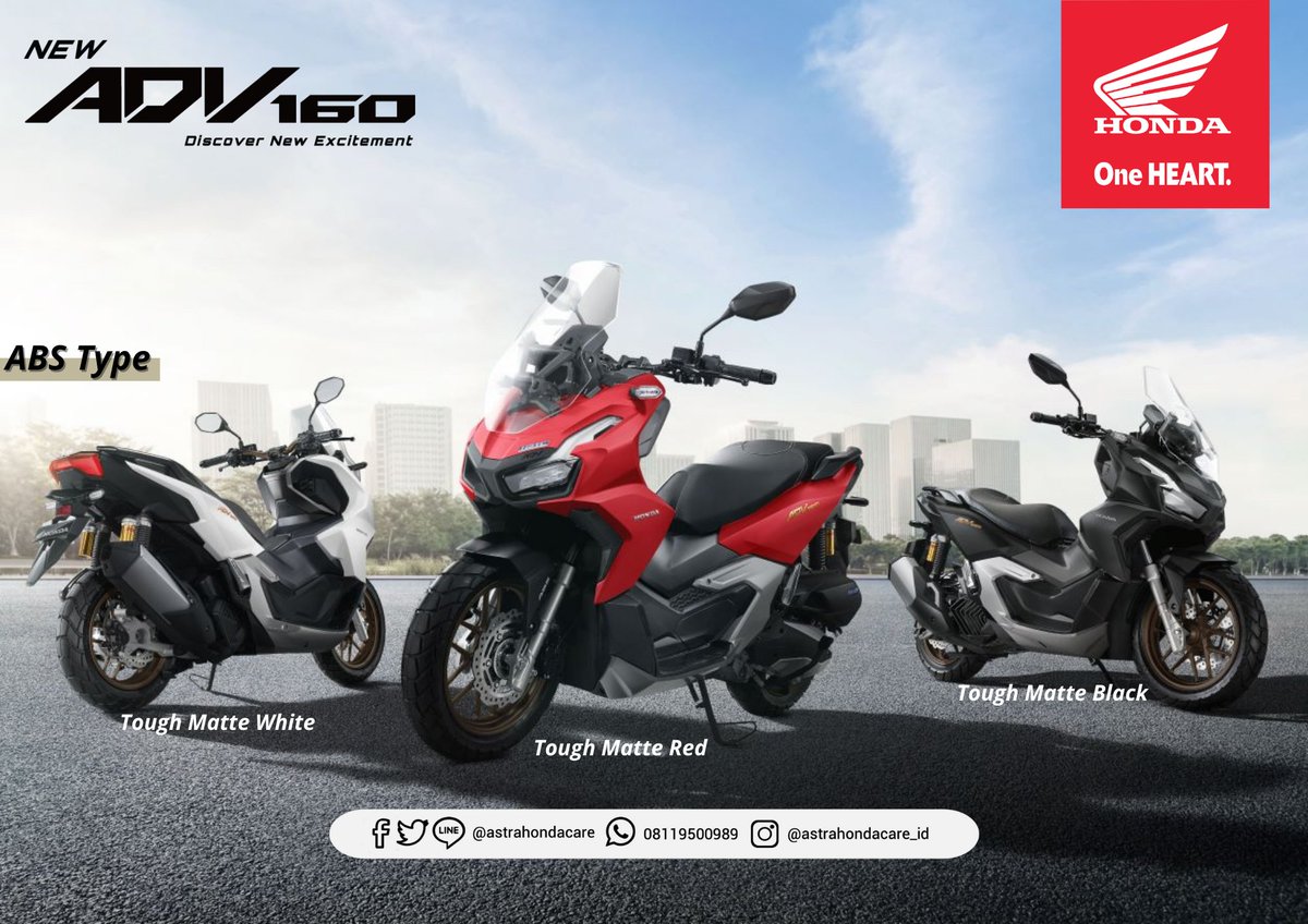 AstraHondaCare's tweet photo. Nih Mimin kasih tau type ABS Honda ADV 160. 

Ada warna Tough Matte White, Tough Matte Red &amp; Tough Matte Black. Mana warna paling favorite menurut BroSis? Sekalian tanya ke mimin harga, spesifikasi motor baru ini ya.

#ExploreNewEveryday #AstraHondaCare #Cari_Aman #SalamSatuHATI https://t.co/fnAaYXY4Fi