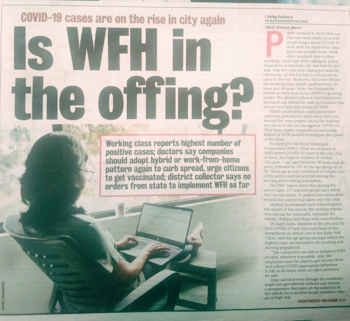 Forum For IT Employees - FITE (@fitemaharashtra) on Twitter photo With increase in covid cases across Pune & maharashtra we urged mandatory #Workfromhome for ITemployees.
Pune collector <a href="/rajeshpatilias/">Rajesh Patil</a> however said the state govt has to put mandate for #WFH
<a href="/CMOMaharashtra/">CMO Maharashtra</a> plz make #WFH a mandate .
Thanks #mirror for covering Fite views With increase in covid cases across Pune & maharashtra we urged mandatory #Workfromhome for ITemployees.
Pune collector <a href="/rajeshpatilias/">Rajesh Patil</a> however said the state govt has to put mandate for #WFH
<a href="/CMOMaharashtra/">CMO Maharashtra</a> plz make #WFH a mandate .
Thanks #mirror for covering Fite views