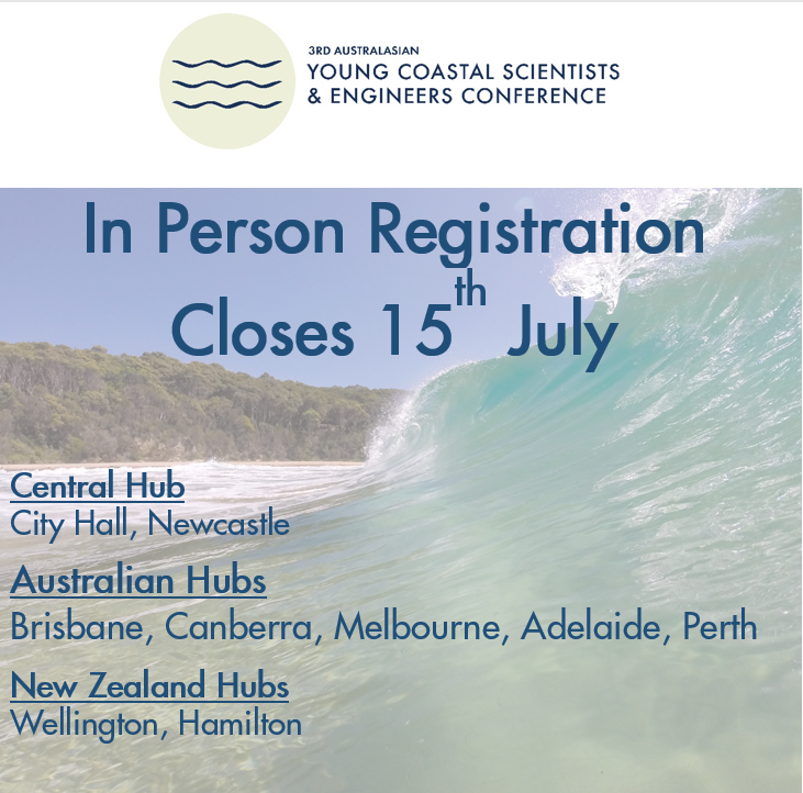 AusYCSEC's tweet photo. 📢IMPORTANT REMINDER📢

In-Person registration for #AusYCSEC2022 closes soon on the 15th July!

See our website to register at one of our hubs!

https://t.co/2FX2DImb0y 
Registration is Free!

#freeconference #coastalscience #coastalengineering #science #conference https://t.co/vGJUuwPJgr