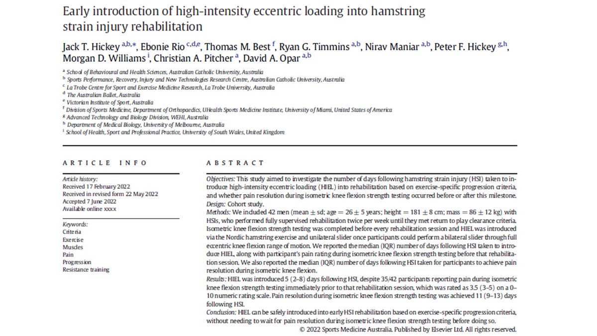JackHickey89's tweet photo. Our latest publication in @_JSAMS  "Early introduction of high-intensity eccentric loading into hamstring strain injury rehabilitation" is now FREE to download for the next 50 days via the link below:

https://t.co/yNohKyM96E https://t.co/EZPtYUFsO2