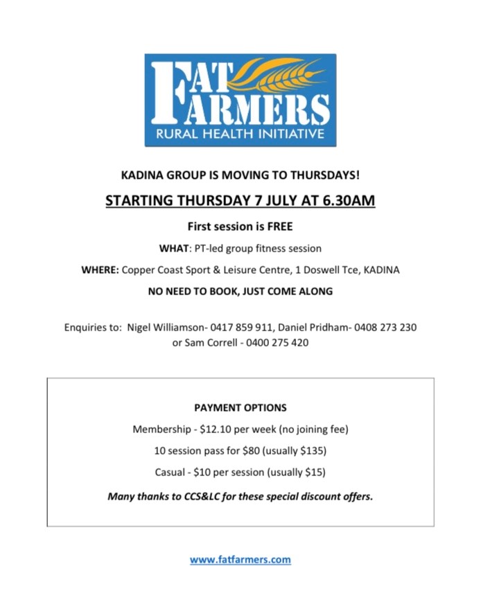 Our Kadina fitness group is moving to Thursday mornings- 6.30am at CCSLC. First session is FREE! See details below...