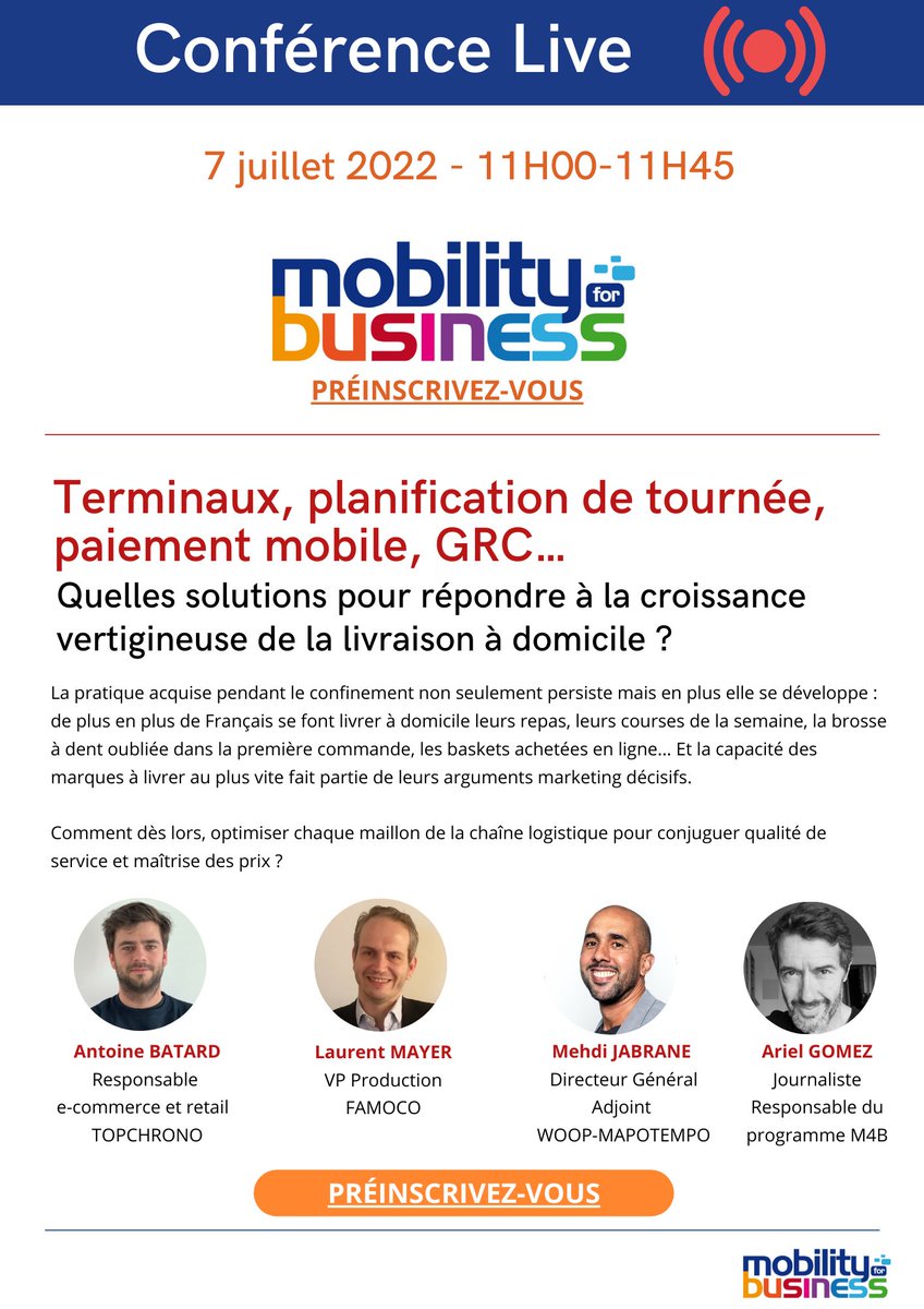 WEBCONFERENCE LIVE : Terminaux, planification de tournée, paiement mobile, GRC…
Quelles solutions pour répondre à la croissance
vertigineuse de la livraison à domicile ? Avec : <a href="/famoco/">Famoco</a> @Mapotempo <a href="/my_topchrono/">TOPCHRONO</a> le 7 juillet à 11h #M4B
bit.ly/3Am6YZ5