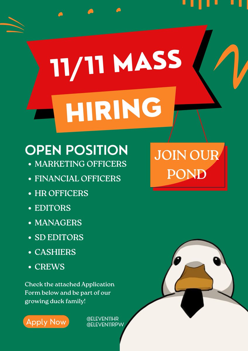 ELEVEN11HR's tweet image. ⠀⠀ 
   
       11/11 IS HIRING.⠀

       We are currently looking for
       people who are willing and
       interested to be a part of our 
       growing family!

       See the form below this tweet
       and fill it out if you’re interested. 

ㅤ