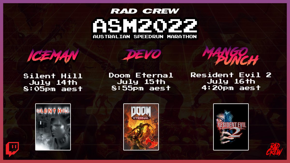 Next week <a href="/ICEMANAustralia/">❄ICEMAN❄</a>, @yourmatedevo, and myself will be joining a lineup of incredible runners for #ASM2022! Check out the full schedule at ausspeedruns.com/schedule