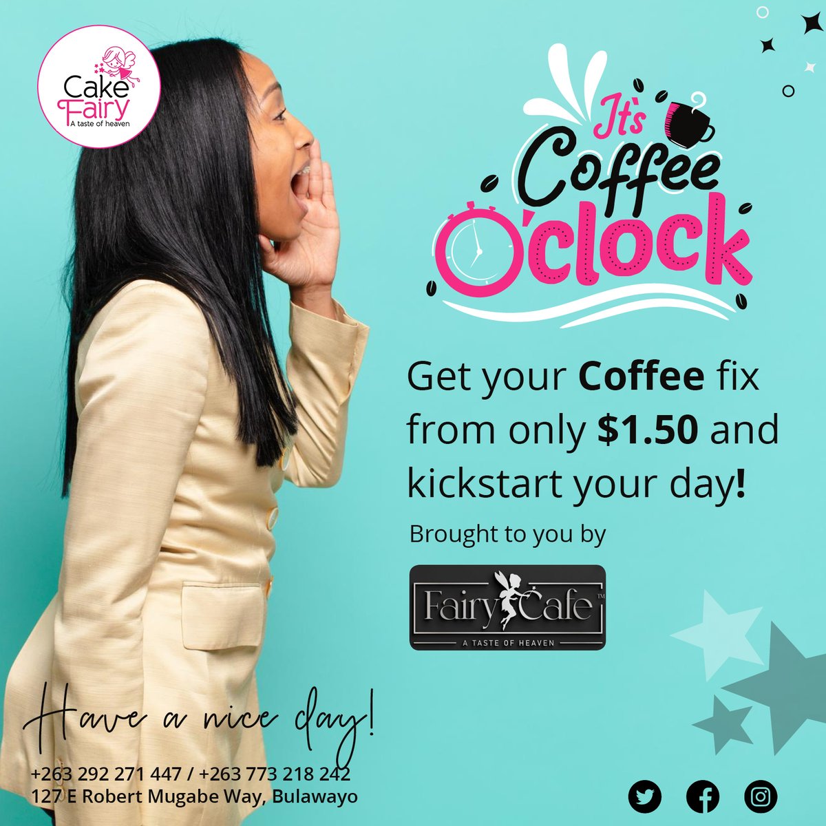 𝗜𝗧'𝗦 𝗖𝗢𝗙𝗙𝗘𝗘 𝗢'𝗖𝗟𝗢𝗖𝗞!☕️⏰
Get your Coffee fix from only $1.50 and kickstart your day!

Brought to you by Fairy Cafe😊

#HaveANiceDay!

#cakefairyzim #monday #newweek #coffee #coffeetime #teatime #winter #cake #treats #bulawayo #zimbabwe #vrzmb