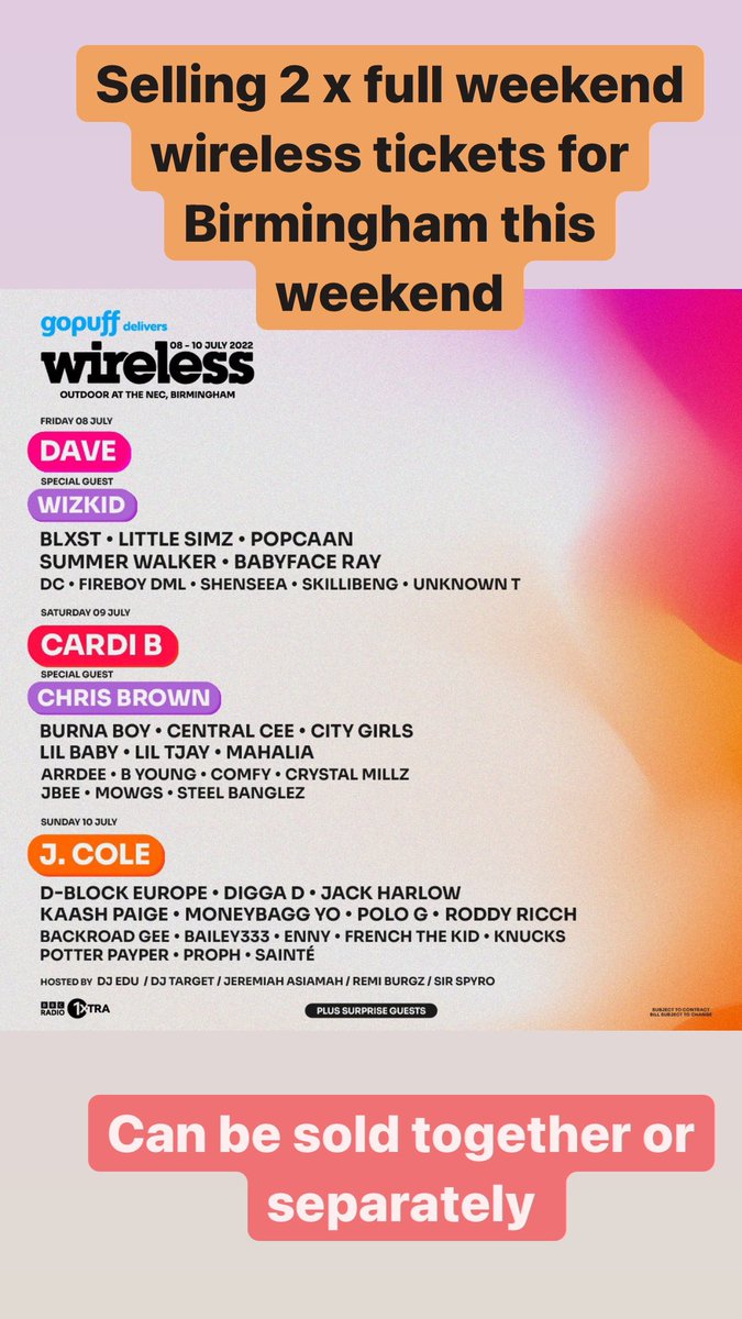 chloeross4's tweet photo. Due to unforeseen circumstances I’m having to sell me full weekend Birmingham wireless ticket this weekend. Message of interested. #WirelessFestival #wireless #wirelessbirmingham #festival https://t.co/YRlFRWFGyS