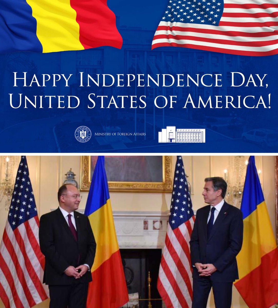 Happy Independence Day to 🇺🇸, our close friend, reliable Ally &amp; Strategic Partner for already 25 yrs! Our #StrategicPartnership is vibrant, enduring &amp; stronger than ever. 🇷🇴&amp;🇺🇸 stand together in consolidating security, democratic resilience &amp; rules-based int’l order! <a href="/SecBlinken/">Secretary Antony Blinken</a>