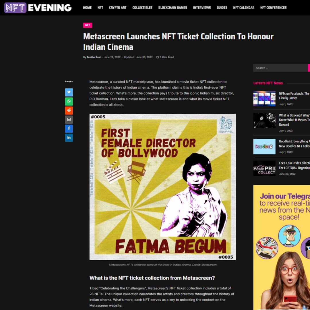 Squirrel_web3's tweet photo. Metascreen featured on https://t.co/LipBfDaCeA MetaGaming Guild CoinShots ULTCube88 NFT News
A platform where you OWN STORIES
And all these publications have supported us in the cause of honoring artists of Indian Cinema.
Visit #Metascreen to know more https://t.co/leREkUHSfT