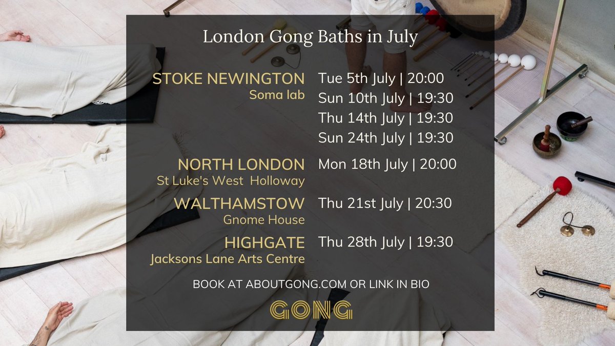 ✔️ Adding a #gongbath to your summer to do list is an excellent idea so that you can charge your batteries and return to inner balance. Here is where you can join in #London this month. Hope to see you soon! 😍🙏

👉 Book at aboutgong.com 👈
