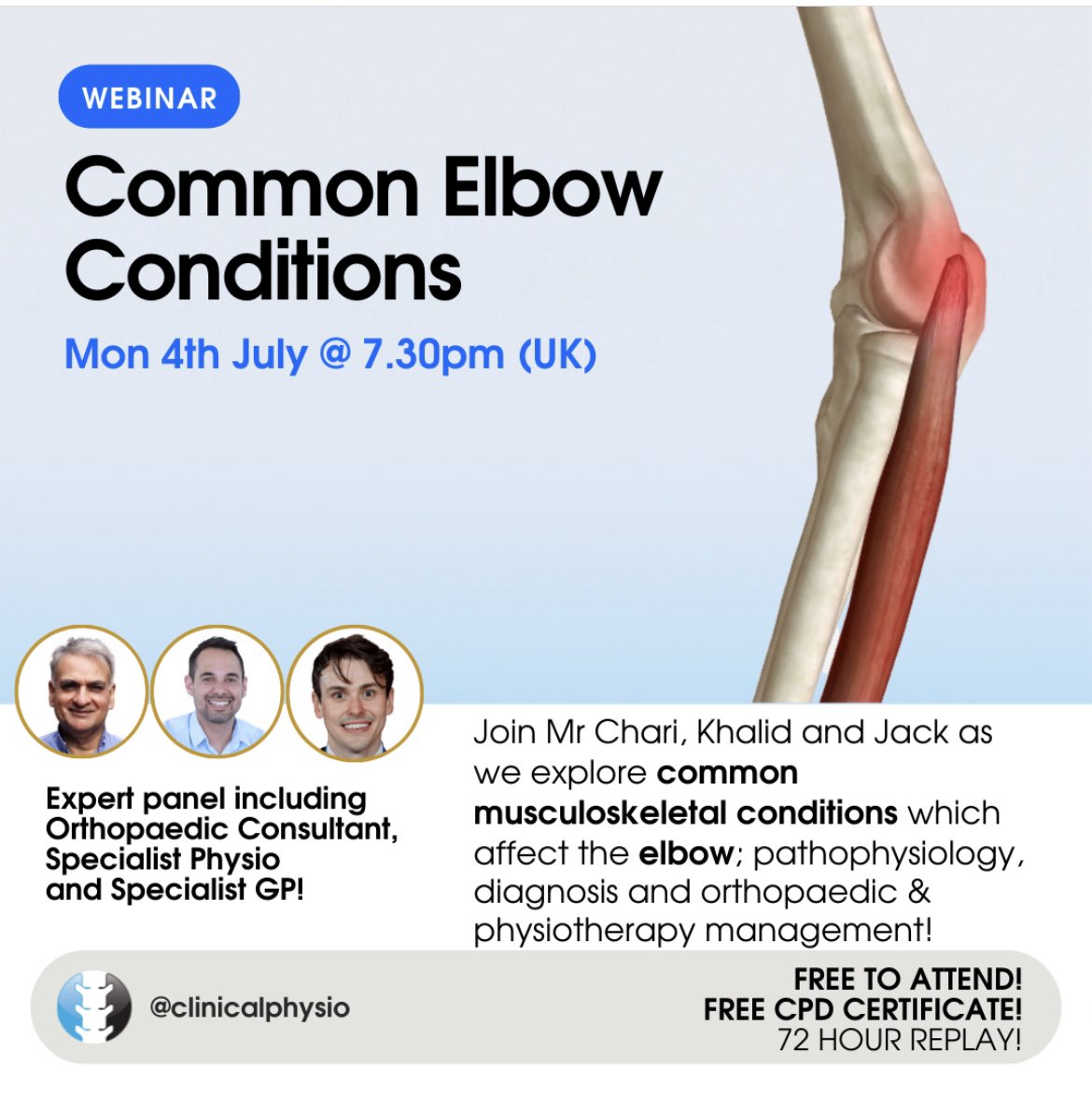 Clinical Physio (@clinicalphysio) on Twitter photo 💥TONIGHT!!
💥FREE!!
Join us as we talk about key elbow conditions including Fractures, Tennis Elbow and Cubital Tunnel Syndrome!
To register: clinicalphysio.com/live-webinars
<a href="/uworcphysio/">UoWPhysio</a> <a href="/UoBPhysioSoc/">UoB Physiotherapy Society</a> <a href="/UoBriPhysioSoc/">Brighton Student Union Physiotherapy Society</a> <a href="/UoB_PhysioSoc/">University of Birmingham PhysioSoc</a> <a href="/ueaphysiosoc/">UEA Physio Society</a> <a href="/kclphysio/">KCL Physiotherapy Society</a> <a href="/UoLPhysio/">UoL Physio Society- Student account</a> <a href="/thecspstudents/">CSP Students</a> 💥TONIGHT!!
💥FREE!!
Join us as we talk about key elbow conditions including Fractures, Tennis Elbow and Cubital Tunnel Syndrome!
To register: clinicalphysio.com/live-webinars
<a href="/uworcphysio/">UoWPhysio</a> <a href="/UoBPhysioSoc/">UoB Physiotherapy Society</a> <a href="/UoBriPhysioSoc/">Brighton Student Union Physiotherapy Society</a> <a href="/UoB_PhysioSoc/">University of Birmingham PhysioSoc</a> <a href="/ueaphysiosoc/">UEA Physio Society</a> <a href="/kclphysio/">KCL Physiotherapy Society</a> <a href="/UoLPhysio/">UoL Physio Society- Student account</a> <a href="/thecspstudents/">CSP Students</a>
