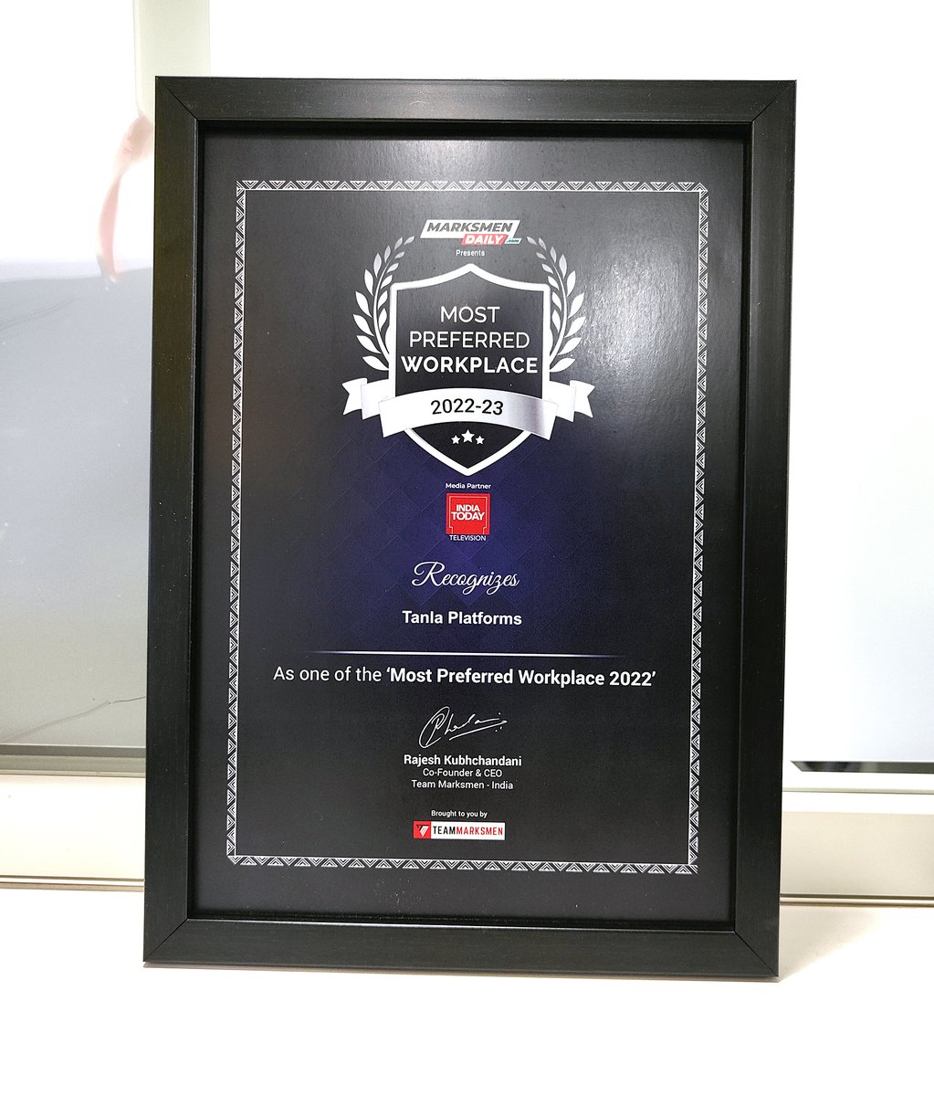 Happy to announce that we have been recognized as the 'Most Preferred Workplace.' Our focus is keeping people at the core of all our policies and values.
Our teams are our greatest asset and will continue making Tanla the most preferred place for exceptional talent.
#Tanla #award