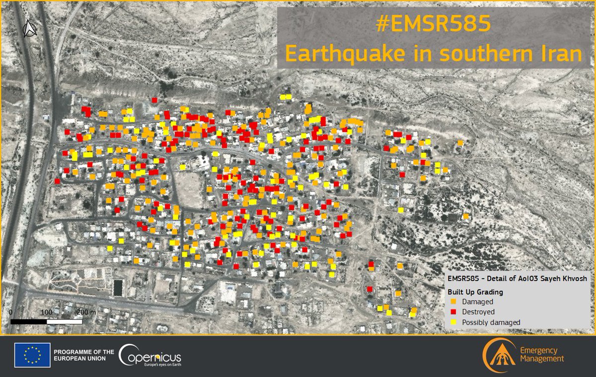 #EMSR585

Our #RapidMappingTeam has delivered its damage Grading products for the 3⃣ Areas of Interest affected by the destructive #earthquake that hit southern #Iran🇮🇷

➡️A total of 7⃣3⃣7⃣ affected buildings🏚️ has been detected

More at👇
emergency.copernicus.eu/EMSR585