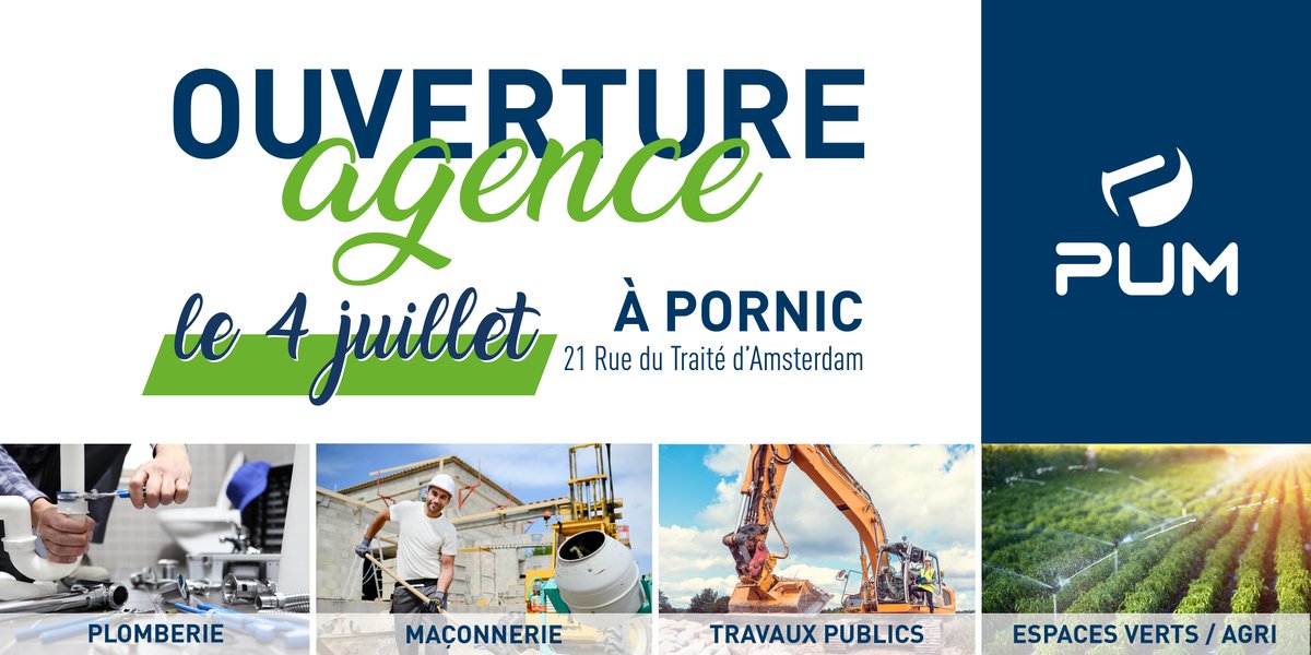 🏙 Notre agence de #Pornic est ouverte ! Votre équipe est heureuse de vous accueillir dans ses nouveaux locaux !
📆 Du lundi au jeudi de 7h30 à 12h et de 13h30 à 17h00 et le vendredi de 7h30 à 16h00
À très bientôt dans votre agence PUM Pornic 😀