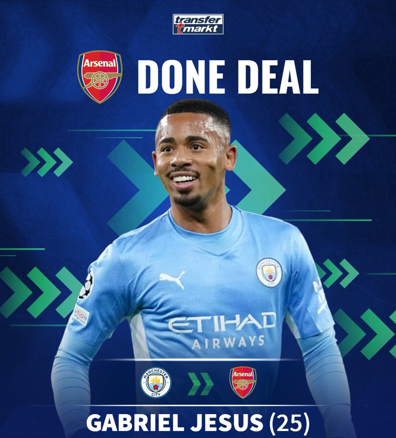 I M Very Excited To Play Here Arsenal Complete 52m Signing Of Man City Forward Gabriel Jesus Transfermarkt
