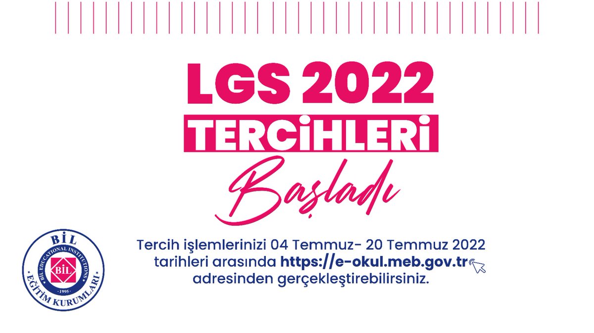 𝗟𝗚𝗦 𝟮𝟬𝟮𝟮 𝗧𝗘𝗥𝗖𝗶𝗛𝗟𝗘𝗥𝗶 Başladı!

Tercih işlemlerinizi 𝟬𝟰 𝗧𝗲𝗺𝗺𝘂𝘇 - 𝟮𝟬 𝗧𝗲𝗺𝗺𝘂𝘇 𝟮𝟬𝟮𝟮 tarihleri arasında e-okul.meb.gov.tr adresinden gerçekleştirebilirsiniz.

#Lgs2022 #lgstercih #Lgs