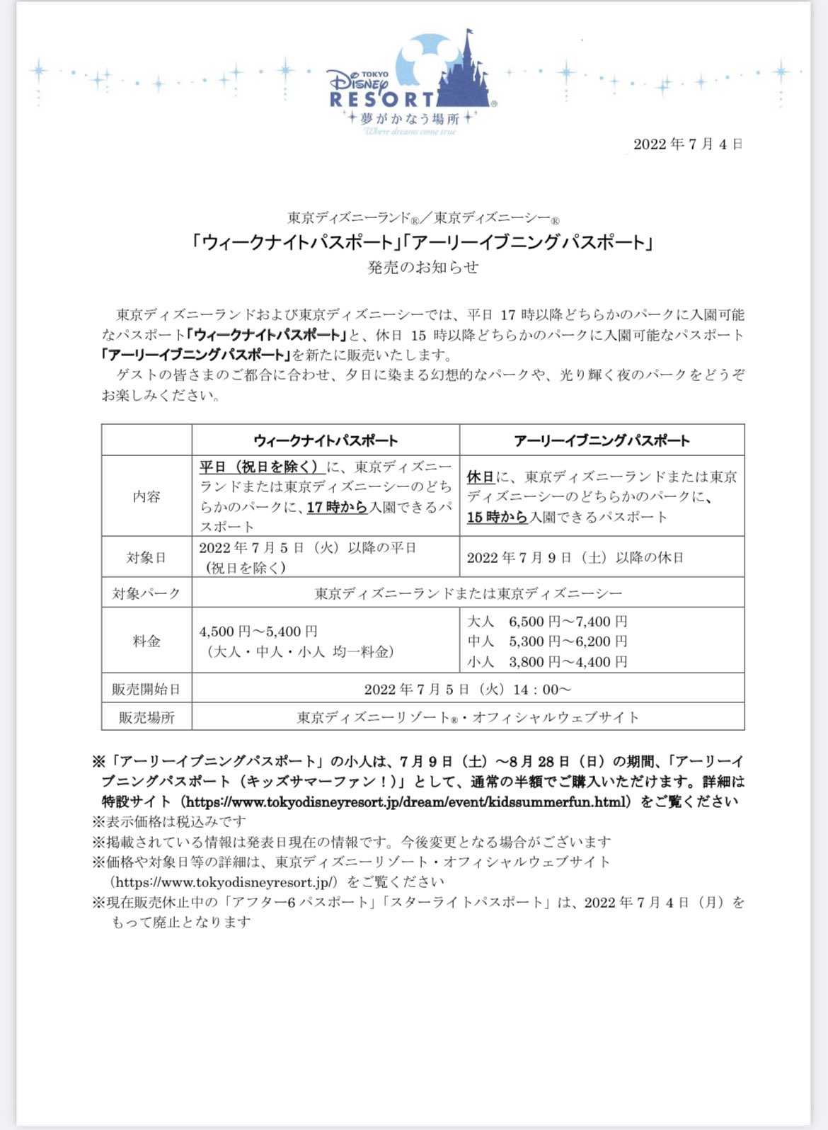 あいにゃん 7月5日から新パスポートが ウィークナイトパスポート 平日17時からの入園パスポート 4 500 5 400円 大人 中人 小人 均一料金 アーリーイブニングパスポート 休日15時からの入園パスポート 大人 6 500 円 7 400 円