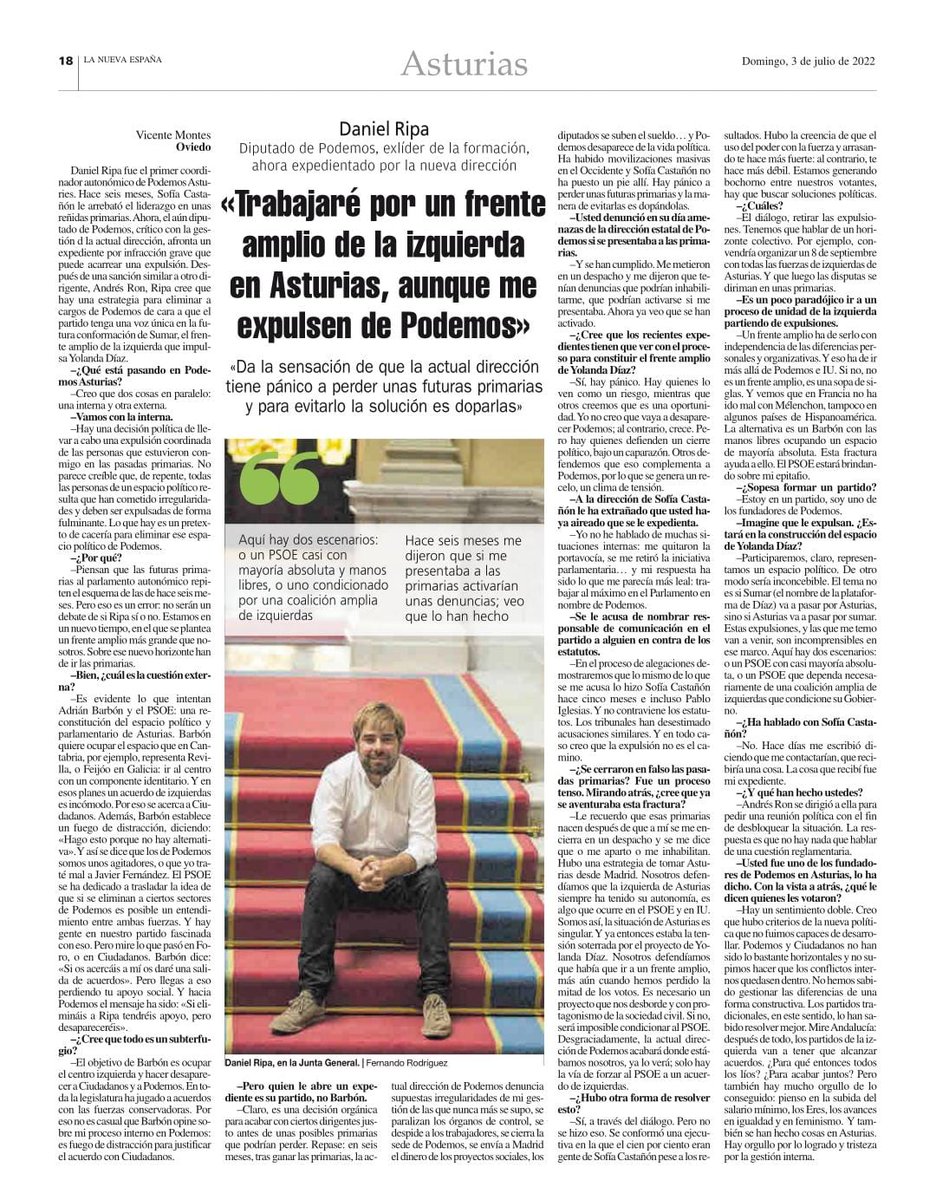 Daniel_Ripa's tweet image. Había que ir más allá de titulares y explicarte qué está sucediendo en Podemos Asturies, por qué quieren expulsarme y quién gana con ello. Te lo cuento en esta entrevista en La Nueva España, que te pido que leas y difundas. El diálogo y la mano tendida siempre vencen al odio.