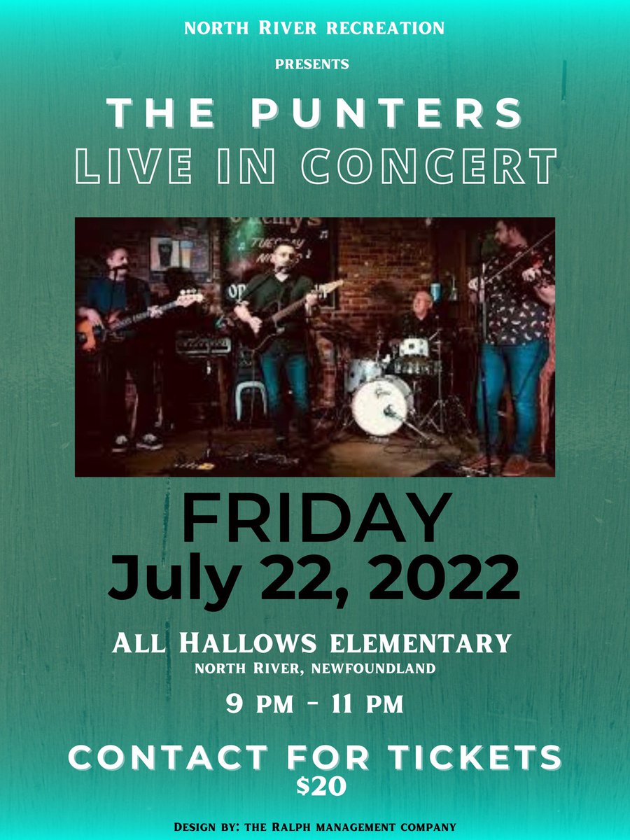 RalphManagement's tweet image. We are happy to be working with @NorthRiverRec to support and promote #comehomeyear2022 
The Punters! Live in Concert in North River! Friday, July 22nd!
Visit facebook.com/northriverrec/ for more details.
#supportnl #thepunters #ralphpromotions #comehome2022 #Newfoundland #nfld