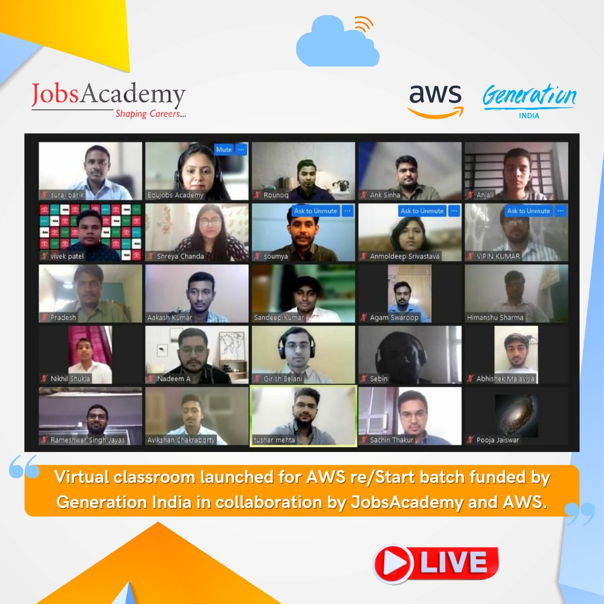 JobsacademyInd's tweet image. Online live classes are being conducted for AWS re/Start.
We have a total of 55 candidates in 2 batches, undergoing training for a career in the Cloud Industry.

#awsrestart #awsfreecourse #cloudcomputing #awscourse #2coms #kolkata #edujobs #training #jobs #career #aws #future