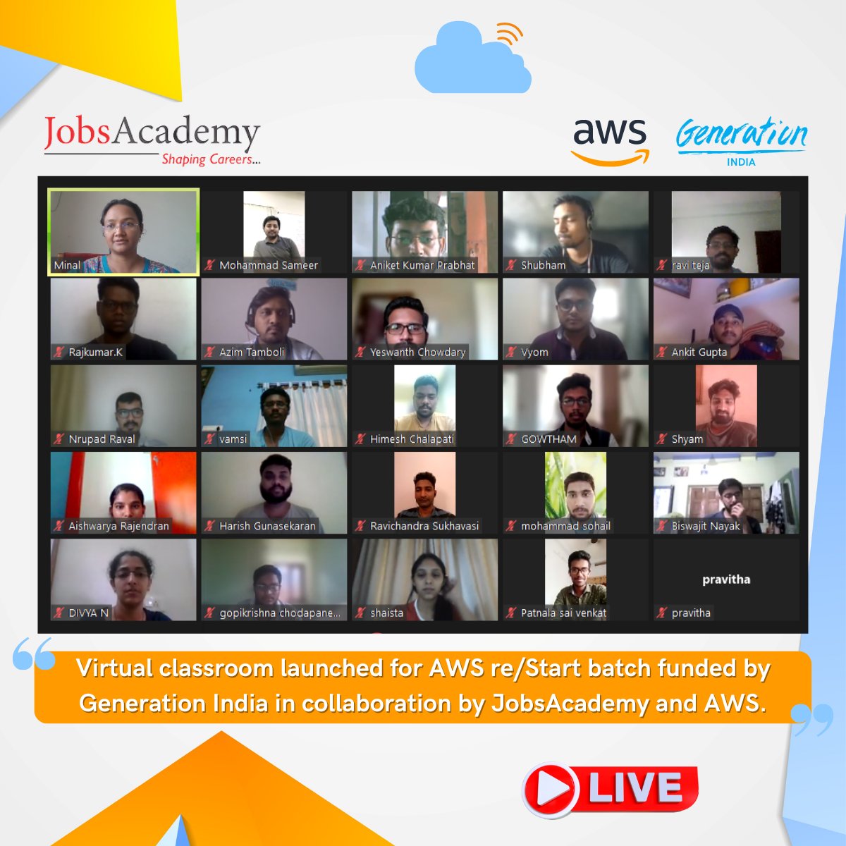 JobsacademyInd's tweet image. Online live classes are being conducted for AWS re/Start.
We have a total of 55 candidates in 2 batches, undergoing training for a career in the Cloud Industry.

#awsrestart #awsfreecourse #cloudcomputing #awscourse #2coms #kolkata #edujobs #training #jobs #career #aws #future