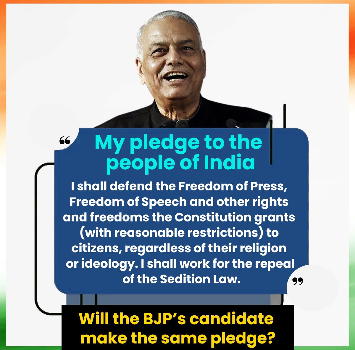 I pledge to the people of India that, upon being elected as President, I will safeguard the rights & freedoms guaranteed by the Constitution to each and every Indian. I urge the BJP’s candidate to make the same pledge.