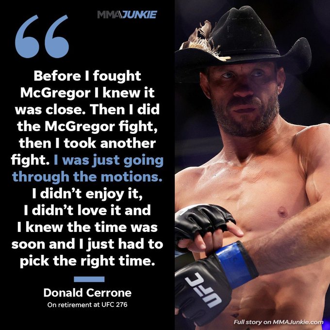Donald Cerrone's retirement has been brewing for 3️⃣0️⃣ months.

#UFC276 | Full story: 