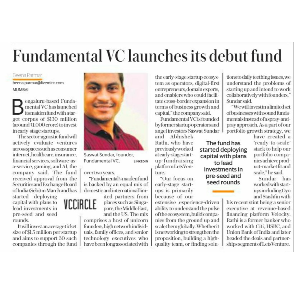 test Twitter Media - Taking a step forward in its mission to partner with the most ambitious founders and build successful startup ventures from scratch, Early-stage venture capital firm - @FundamentalVC, recently launched its maiden fund with a target corpus of $130 million.@livemint
 
#Feature #PR https://t.co/zmiMHIND8D