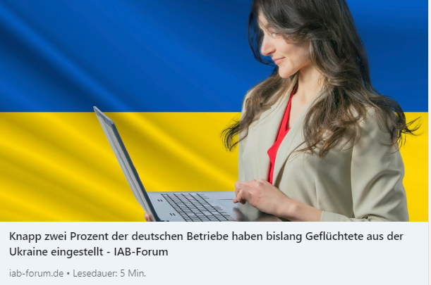 Lt. @iab_news Studie - Mehrheit deutscher Unternehmen sieht günstige Integrationsperspektiven für ukrainische Geflüchtete: So kam es bei mehr als jedem 5. Betrieb zu einer Einstellung im Rahmen einer Beschäftigung, einer Ausbildung oder eines Praktikums.  bit.ly/3bN52yi