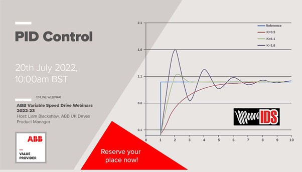 InverterDrives's tweet image. ABB Variable Speed Drive Webinar – PID Control. Hosted by Liam Blackshaw, ABB UK Drives product Manager, this free to attend webinar is on Wednesday 20th July 2022, 10 am BST start, duration approximately 1 hour. Find out more here: inverterdrivesystems.com/abb-variable-s… #ABB  #PIDControl