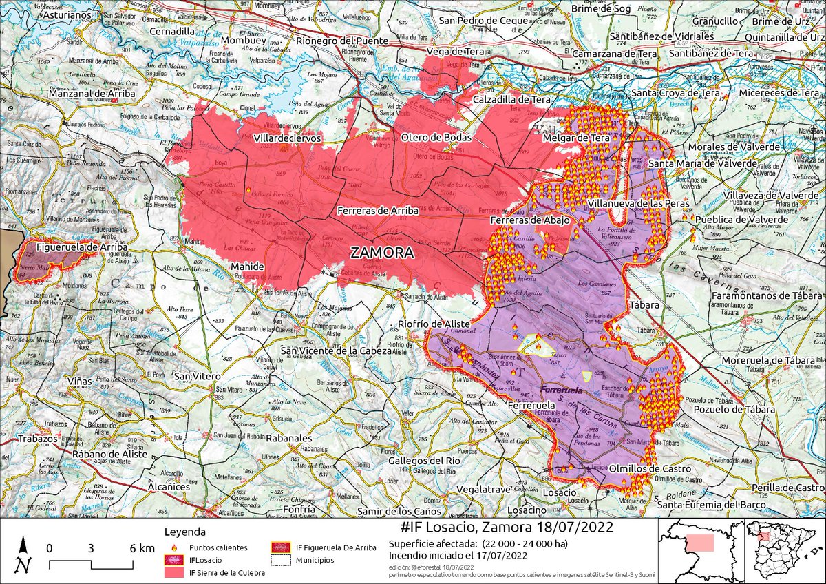 🔥#IFLosacio
Habría alcanzado casi las dimensiones del catastrófico #IFSierraDeLaCulebra. 
Habría superado las 20 000 ha.
En imagen los últimos incendios producidos en Zamora.

(Perímetro especulativo)
🔗e.forestry.es/GIF2022#24