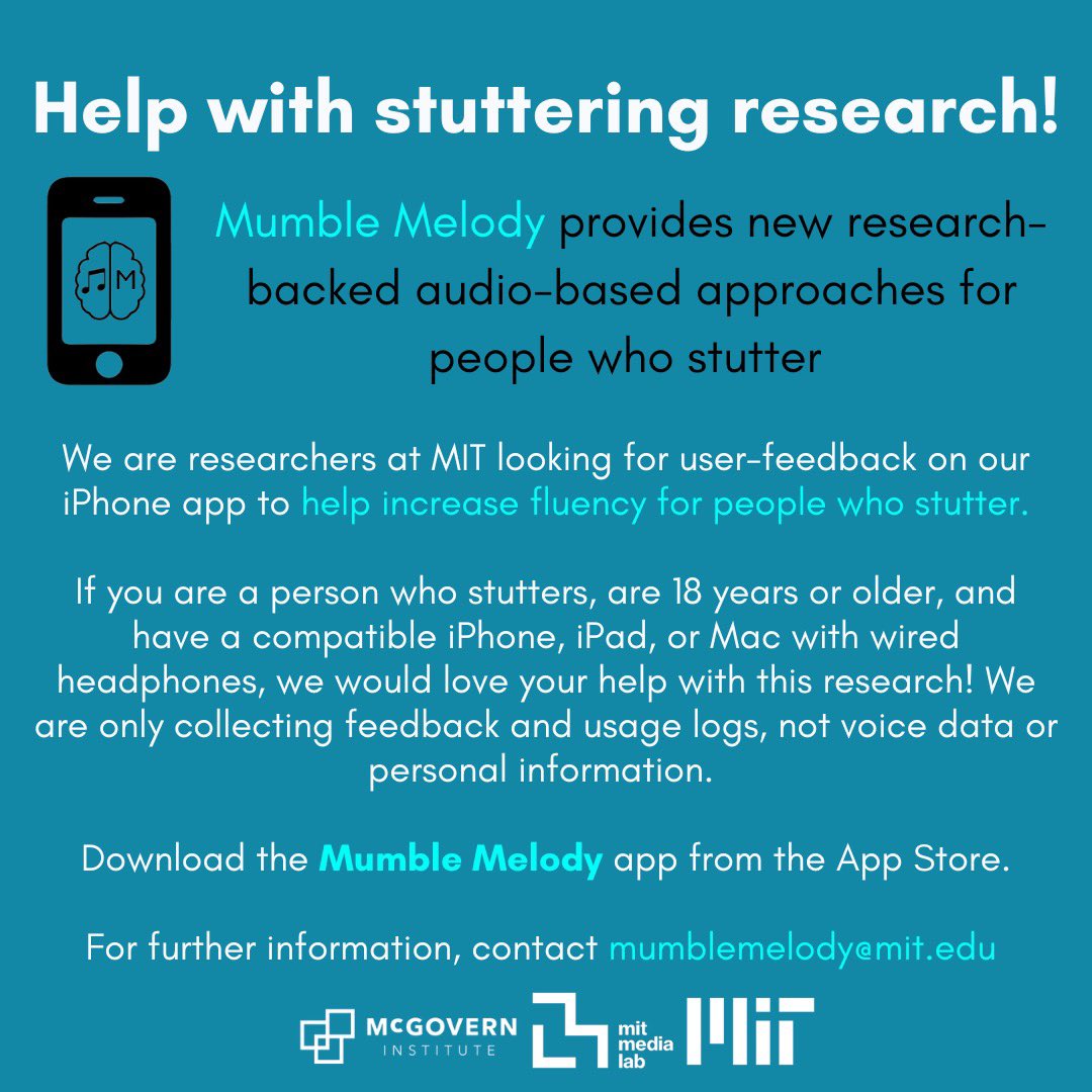 sensein_'s tweet photo. Our research group is looking for user feedback on our app Mumble Melody, which provides audio-based approaches to help increase fluency for people who stutter @mcgovernmit @medialab #stutter #stuttering #stammer #stammering #mit https://t.co/aScFB9DGSj