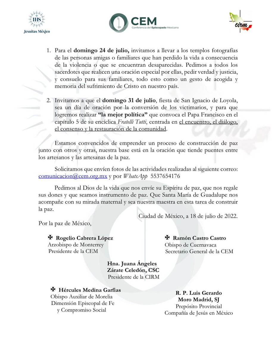 IglesiaMexico's tweet photo. 📣 | Mensaje a todo el pueblo de Dios de la CEM, la Conferencia de Superiores Mayores de Religiosos de México y la Provincia Mexicana de la Compañía de Jesús. 

👉🏼 Convocamos a las siguientes acciones en el marco de nuestra Jornada de Oración por la paz: https://t.co/2F9j3DGuJY