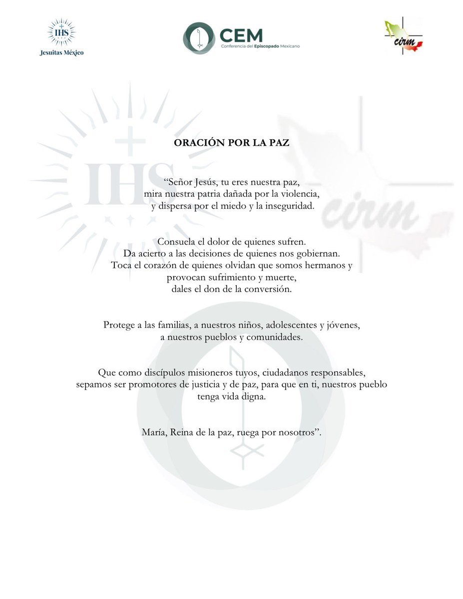 📣 | Mensaje a todo el pueblo de Dios de la CEM, la Conferencia de Superiores Mayores de Religiosos de México y la Provincia Mexicana de la Compañía de Jesús. 

👉🏼 Convocamos a las siguientes acciones en el marco de nuestra Jornada de Oración por la paz: