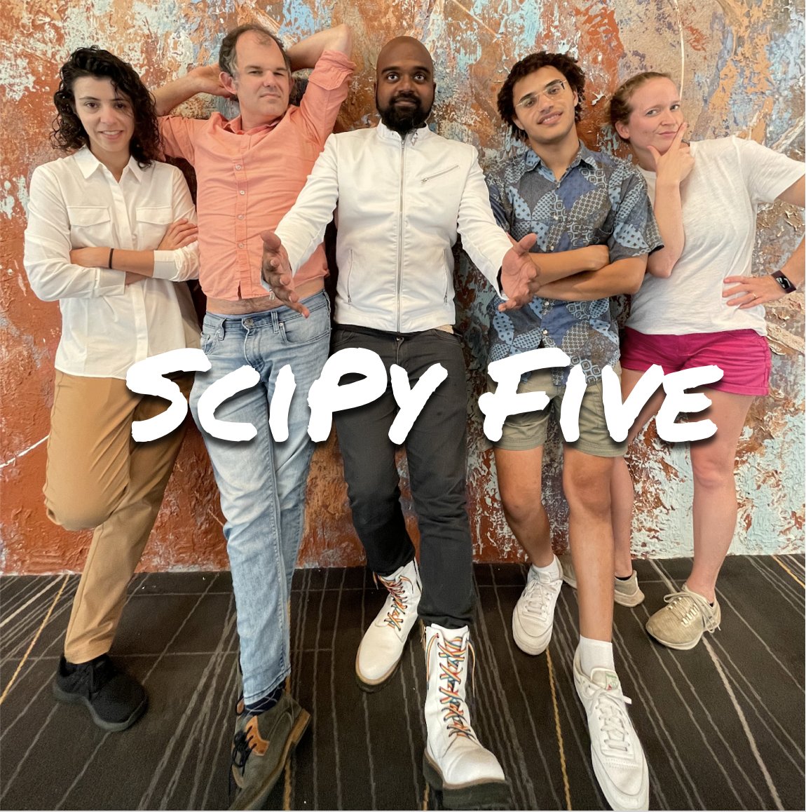SciencePaige's tweet photo. The SciPy Five dropped our first single at the end of #SciPy2022 and it was EPIC!! A standing ovation!! 🥰 But mostly, I had the BEST time brainstorming lyrics and sharing a stage with @ncclementi @charlesbluca @yuvipanda, Shanice and @nicholdav 💜 Video link + lyrics in 🧵👇 https://t.co/zhbyvFML5f