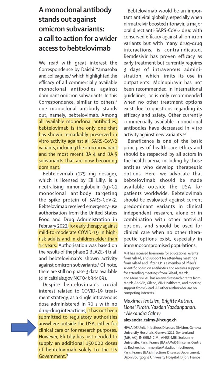 EricTopol's tweet photo. We're down to 1 effective monoclonal antibody Rx
"only one that has shown remarkably preserved in vitro activity against all #SARSCoV2 variants, including the omicron variant and the most recent BA.4 and BA.5 subvariants that are now becoming dominant."
https://t.co/zJV7iqTPgh https://t.co/N0jazsgrdJ