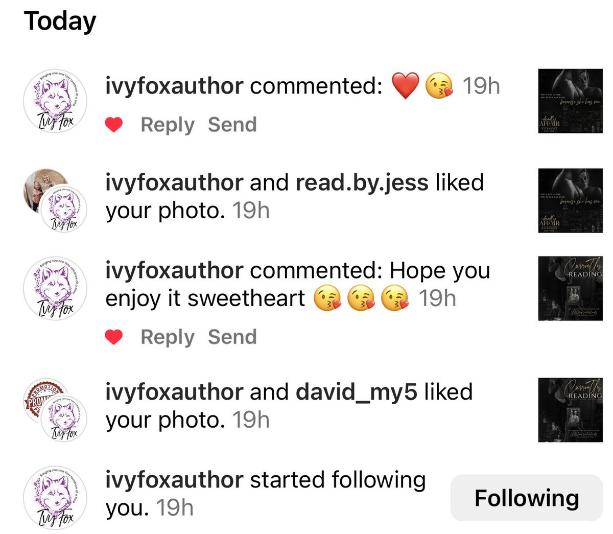 Well this happened! Not only did I get an ARC copy of her newest book, but an author that I love decided to follow me on instagram 🥰 #deadlyaffair #ivyfoxauthor #wordsmithpublicity
