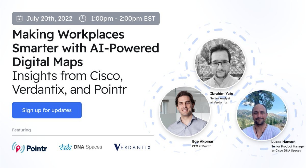 ciscospaces's tweet photo. There are 2 days left to save your spot for the @Pointr webinar with #CiscoDNASpaces and @Verdantix. 🧑💻 Tune in on 7/20 for a conversation about the future of work with AI-powered location services. Register now: https://t.co/LnnBOyBYR3 https://t.co/2rl7JFgM8Z