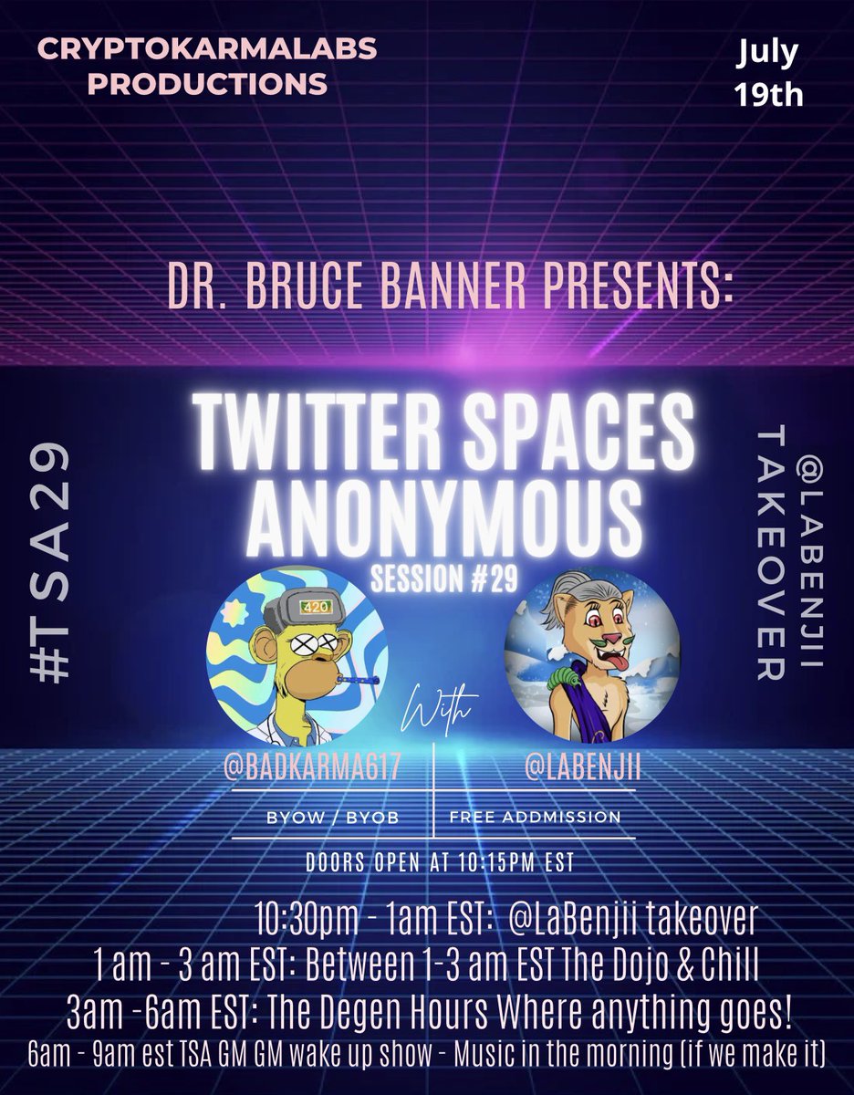 badkarma617's tweet photo. Set your Calendars we got @LaBenjii taking over #TwitterSpacesAnonymous set your reminder and come rock with us tomorrow for #TSA29 Music|Art|NFT|Web3|Crypto
https://t.co/3fBtiO7NHO https://t.co/h4S3YY1A5F