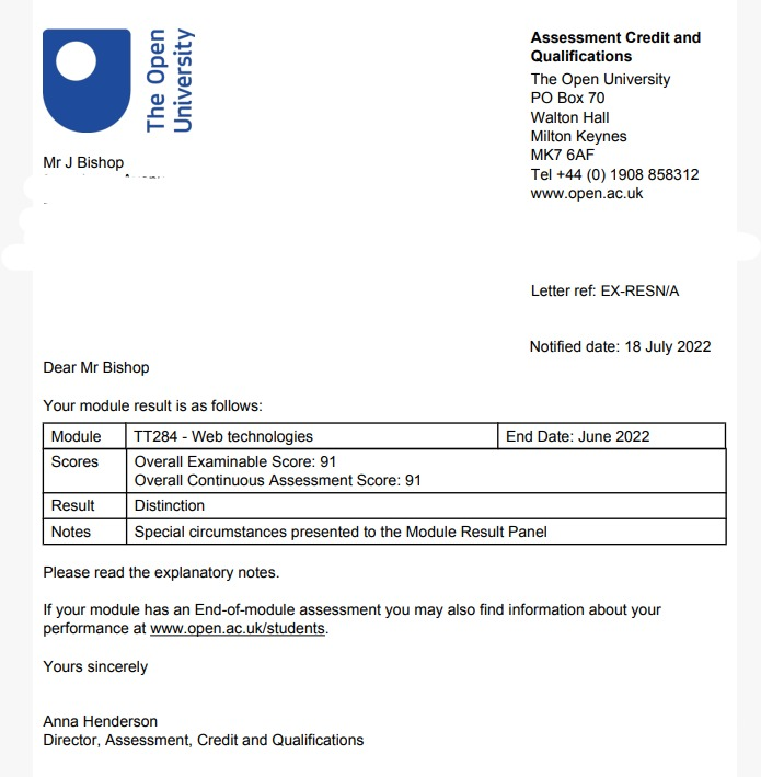 After 2 years of COVID related postponements - my first Level 2 module grade is in for web technologies.  JAVA had to be postponed due to technical issues on the university side - resits in Sept.

91% is a good place to be <3