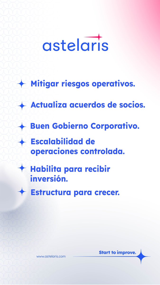 astelarismx's tweet photo. WELCOME PYMES 💥
Algunas de las cosas que dominamos a la perfección, queremos ser tu aliado estratégico. 
 “In LaaS we trust” 🙏🏻

+ info: 
👉🏻 https://t.co/HSjfuqha2k
.
.
#astelaris #startups #mexico #latam #venturecapital #fintech #legalexperts #pymes https://t.co/6DWHQ8qikp