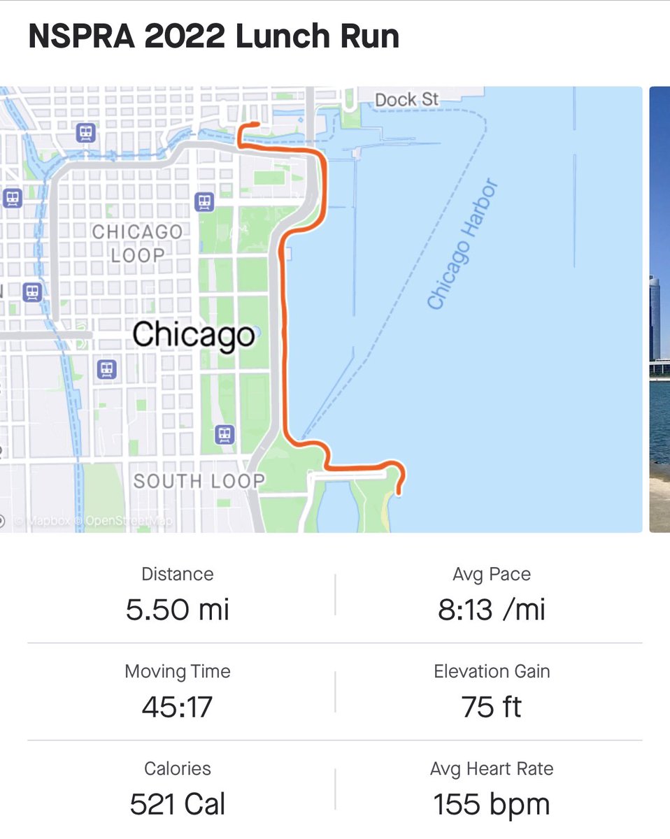 MollyMGorsuch's tweet photo. Squeezed a #k12prFit lunch run in between sessions at the 1st full day of #NSPRA2022! 🏃🏼♀️
Happy the ☀️ finally came out in Chicago so I could catch these #ChicagoLakefront views!
#LunchRun #WillRunForCarbs #RunChicago https://t.co/zpqV9EG6id
