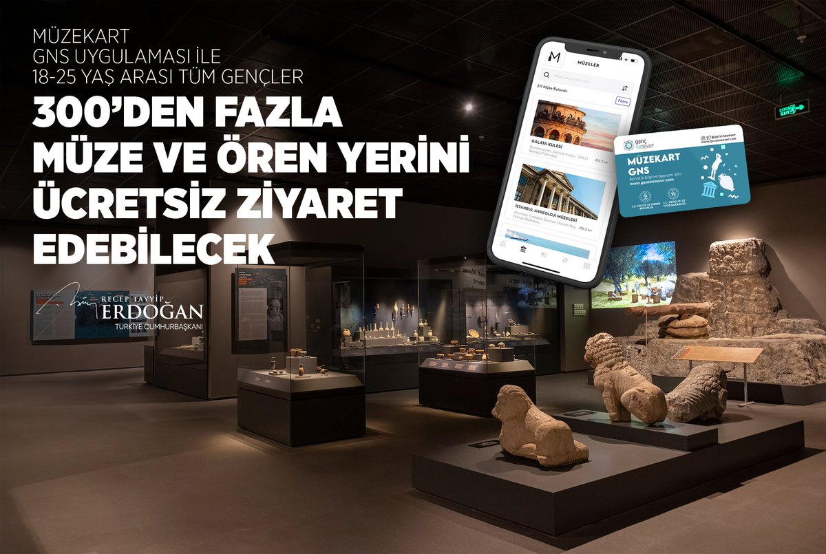 Gençlerimizin cennet vatanımızın her köşesindeki tarihî eserleri rahatça görebilmeleri için Müzekart GNS uygulamasını da hayata geçirdik.

Bu sayede 18-25 yaş arasındaki tüm gençlerimiz 300’den fazla müze ve ören yerini ücretsiz olarak ziyaret edebilecekler.